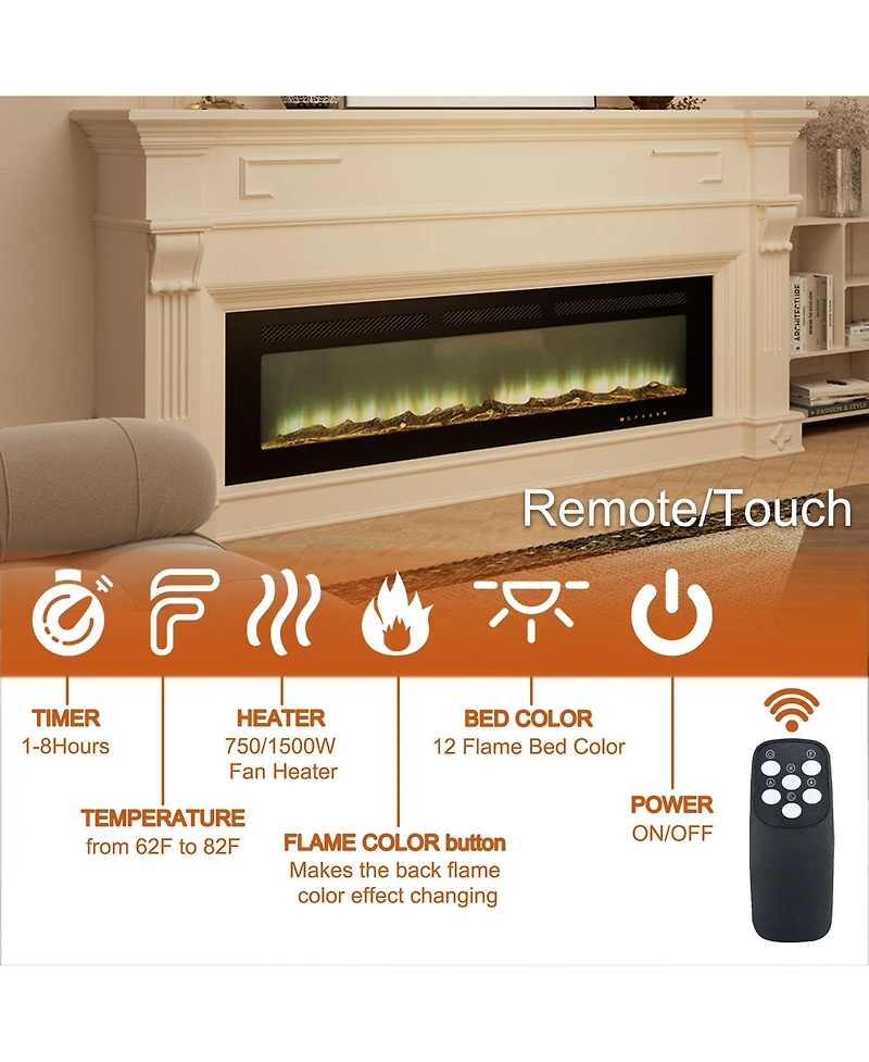 60''Classic Built-in or Wall-Mounted Direct Vent Electric Fireplace