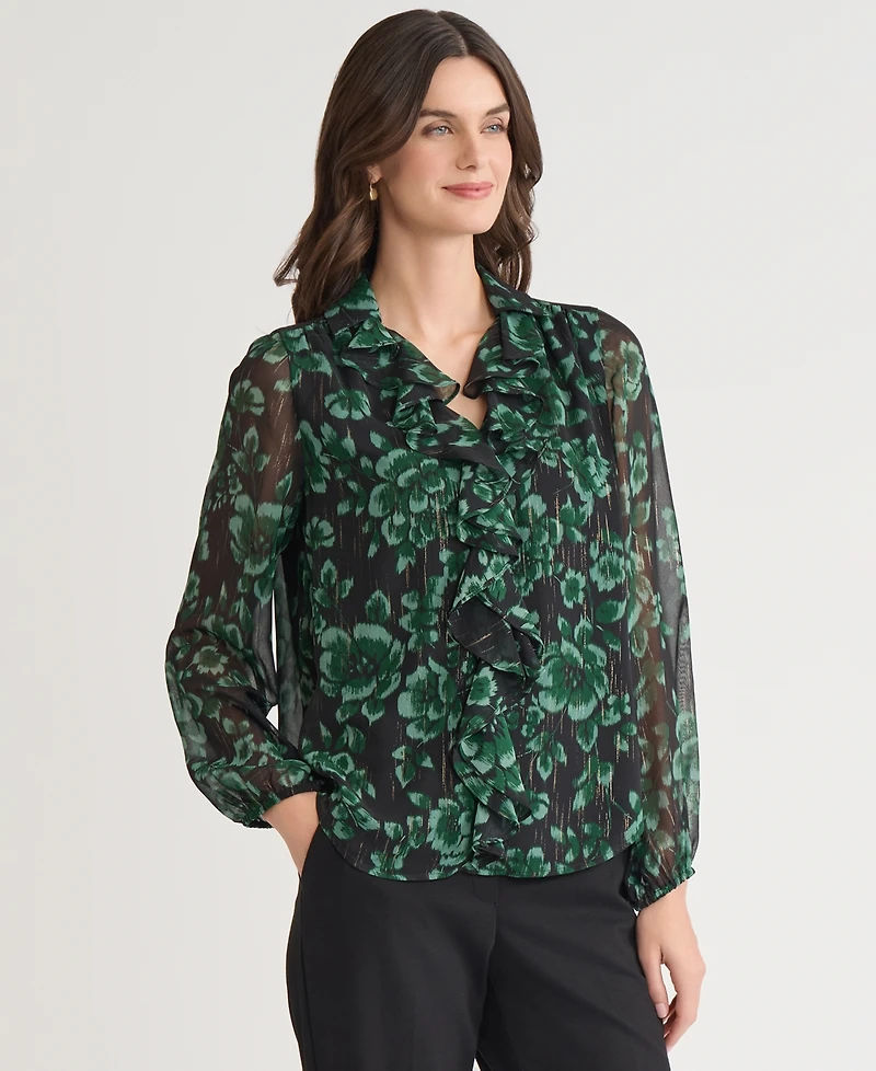Kasper Women's Printed Ruffle-Front Long-Sleeve Blouse