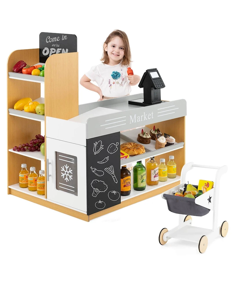 Kids Grocery Store with Shopping Cart Cash Register Scanner Blackboards Toddlers