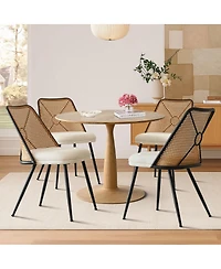 Maison Boucle 5-Piece 39.5" Round Dining Set with Wood-Look Pedestal Table and 4 Faux Rattan Dining Chairs with Upholstered Seats and Metal Legs-Maiso