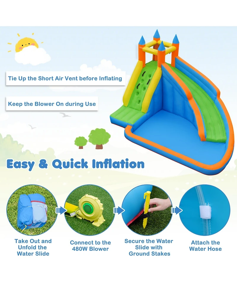 Gymax Inflatable Water Park Bounce House Climbing Wall Splash Pool w/ 480W Blower Outdoor