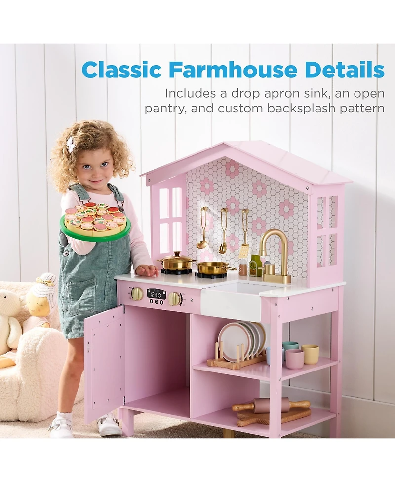 Best Choice Products Pretend Play Wooden Farmhouse Kitchen Set w/ Storage, Clicking Knobs, 5 Accessories