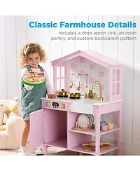 Best Choice Products Pretend Play Wooden Farmhouse Kitchen Set w/ Storage, Clicking Knobs, 5 Accessories