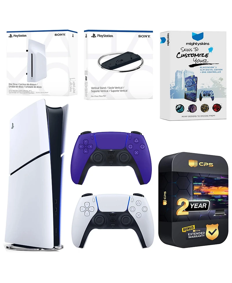 Sony PlayStation 5 Slim Digital Bundle with Disc Drive, Extra Controller, Vertical Stand, MightySkins Voucher and 2 Year Extended Warranty