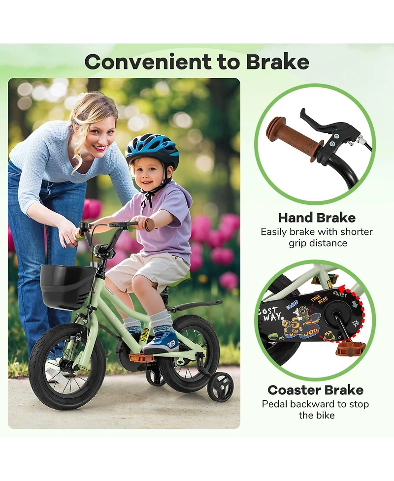 12" Kid s Bike with Training Wheels Adjustable Handlebar & Seat Handbrake