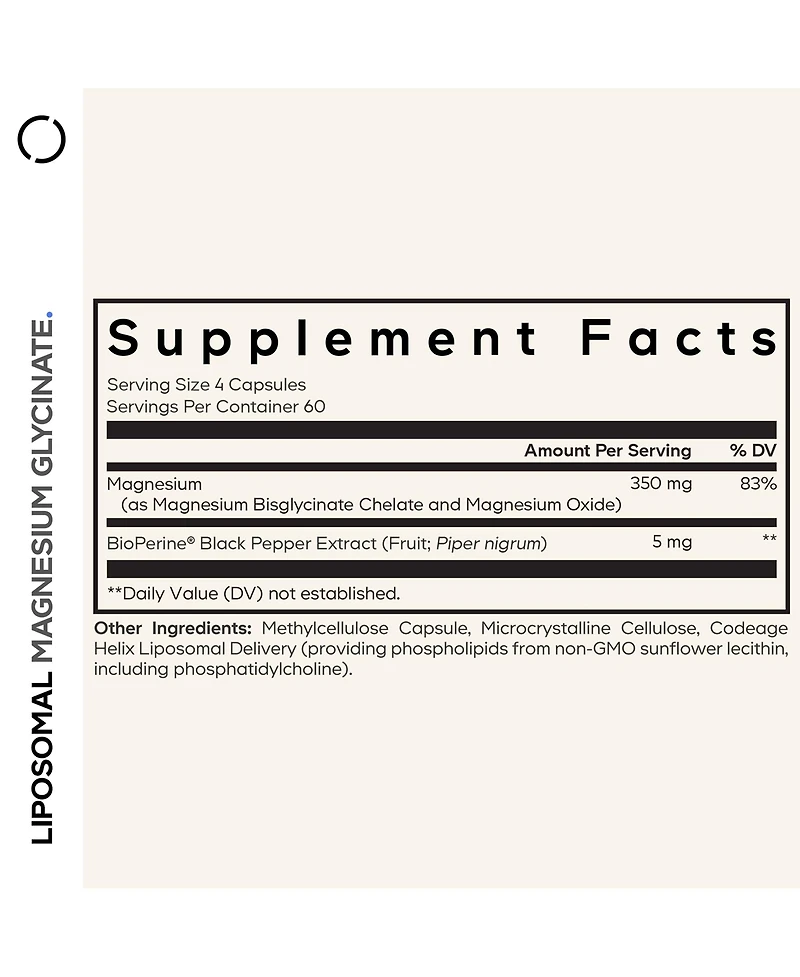 Codeage Liposomal Magnesium Glycinate Supplement, 2-Month Supply, Bisglycinate Magnesium Chelate, Chelated Magnesium Mineral Pills, BioPerine Black Pe
