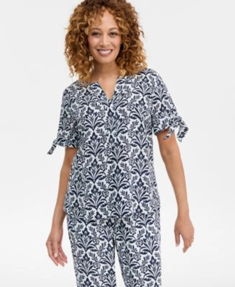 Charter Club Womens 100 Linen Tile Tie Cuff Split Neck Top Macys Exclusive