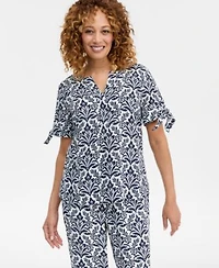 Charter Club Womens 100 Linen Tile Tie Cuff Split Neck Top Macys Exclusive