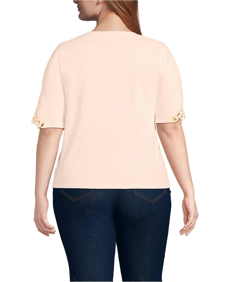 Lands' End Plus Elbow Sleeve Slub Lace Trim T-Shirt