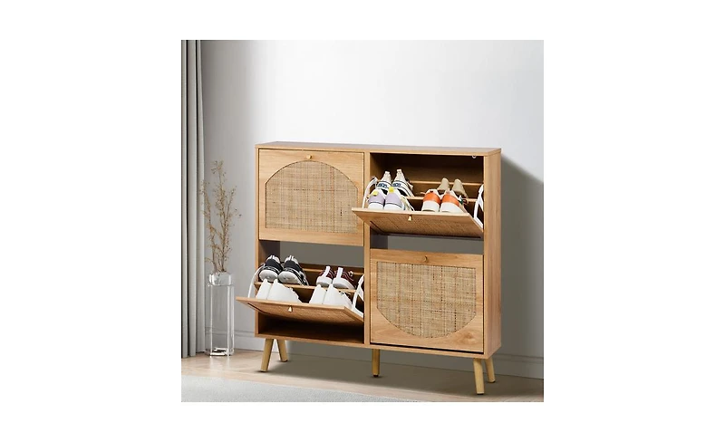 Slickblue Shoe Cabinet with 2 Rows of 4 Dump Buckets High Feet Arched Rattan Surface