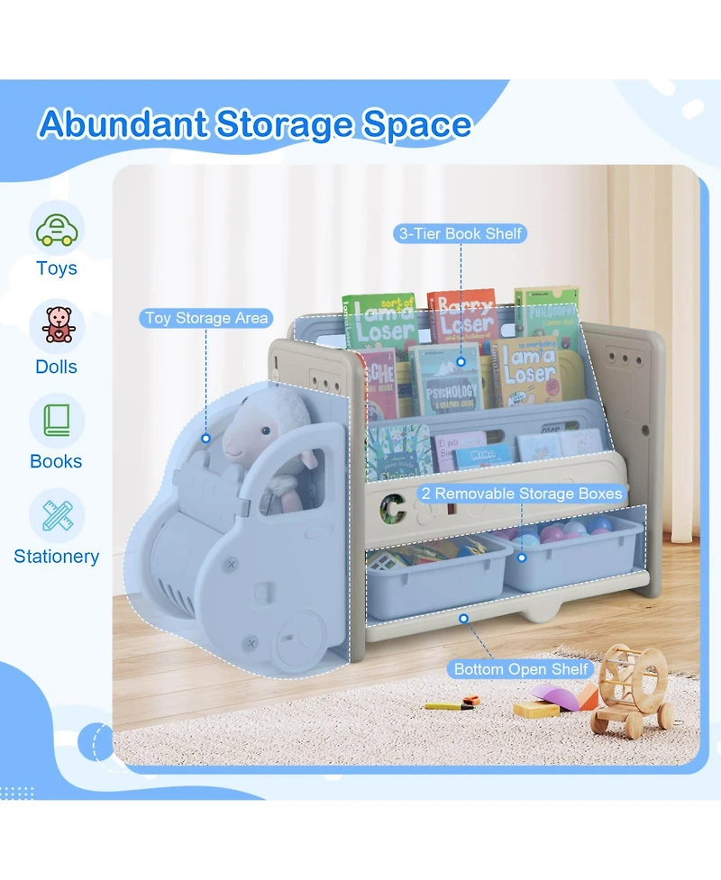 Costway 3-Tier Kids Toy Storage and Bookshelf with 2 Storage Boxes Decorative Car Head