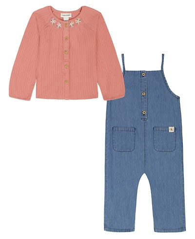 Calvin Klein Baby Girls 2-Piece Pointelle Rib Top and Denim Jumpsuit Set