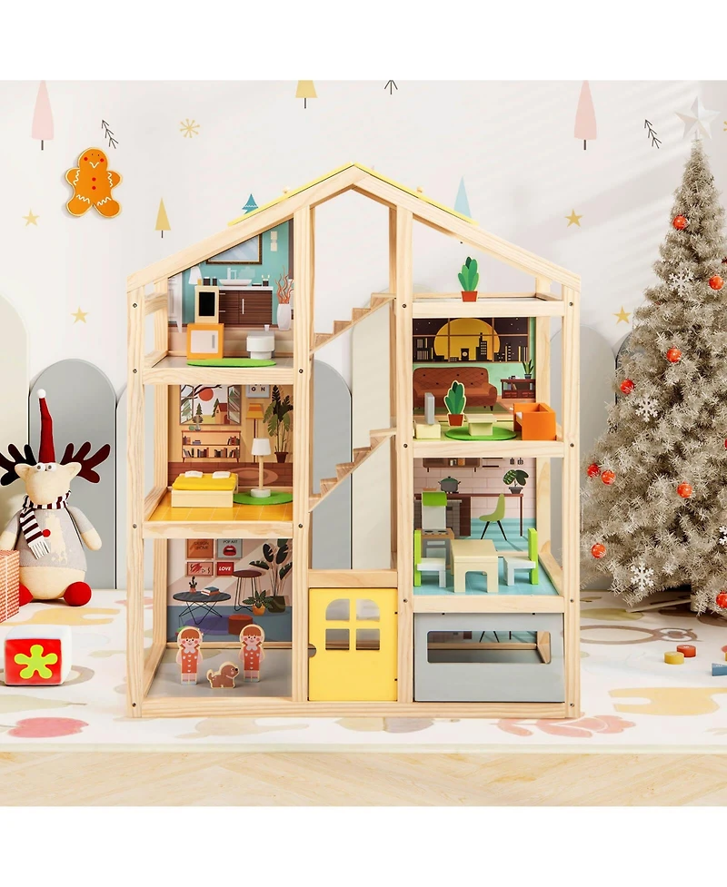 Kids Wooden Dollhouse with 7 Rooms 18 Pcs Furniture Accessories 2 Figures