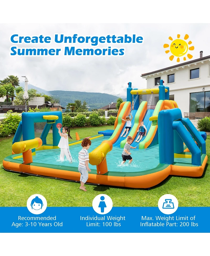 Gymax Inflatable Water Slide w/ 2 Long Slides Pool Climbing Walls 1100 W Blower
