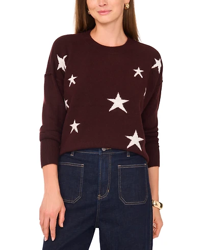 Vince Camuto Women's Cozy Crewneck Star-Print Dropped-Shoulder Sweater