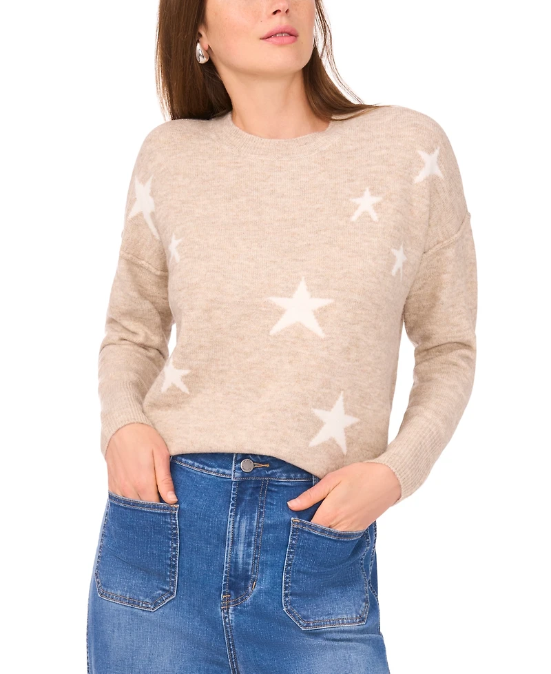 Vince Camuto Women's Cozy Crewneck Star-Print Dropped-Shoulder Sweater
