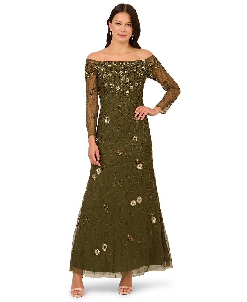 Adrianna Papell Women's Off-The-Shoulder Bead Dress
