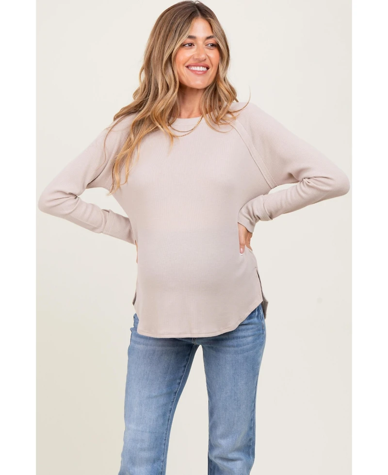 Pinkblush Maternity Beige Baby Waffle Knit Long Sleeve Top