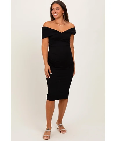 Pinkblush Maternity Black Off Shoulder Fitted Midi Dress