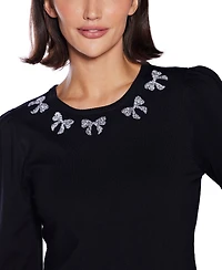 Belldini Women's Puff Sleeve Embellished Neckline Sweater