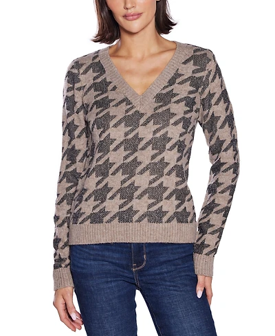 Belldini Women's Stylized-Houndstooth V-Neck Sweater