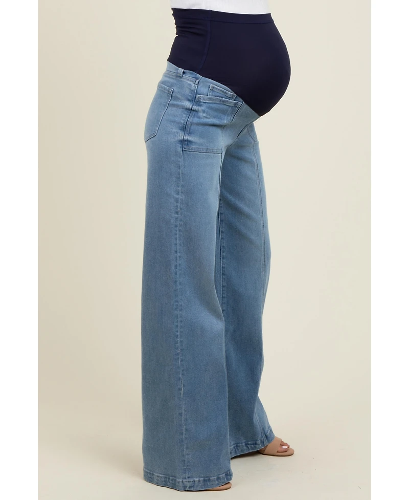 Pinkblush Blue Front Seam Super Wide Leg Maternity Jeans