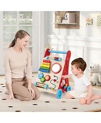 Gymax Wooden Baby Walker Baby Push Walker w/ Handle Storage & Wheels Walker Toy