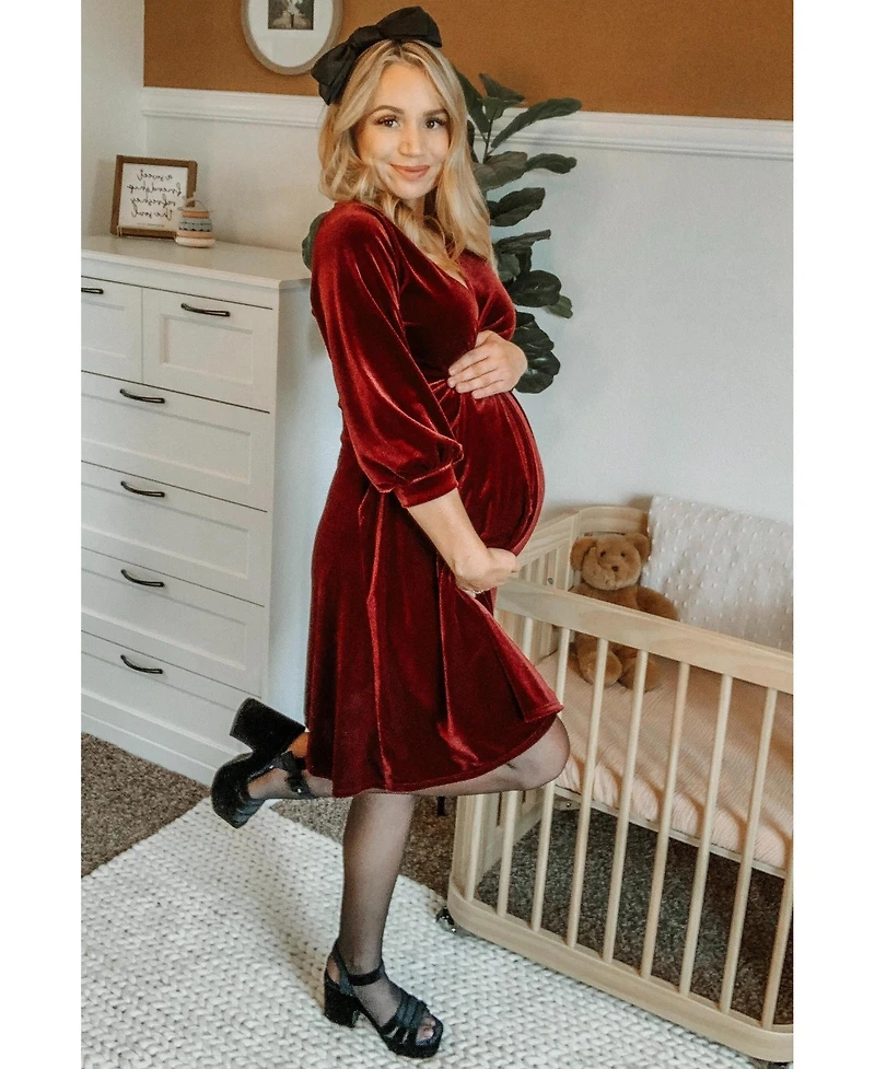 Pinkblush Burgundy Velvet Wrap Front Babydoll Maternity Dress