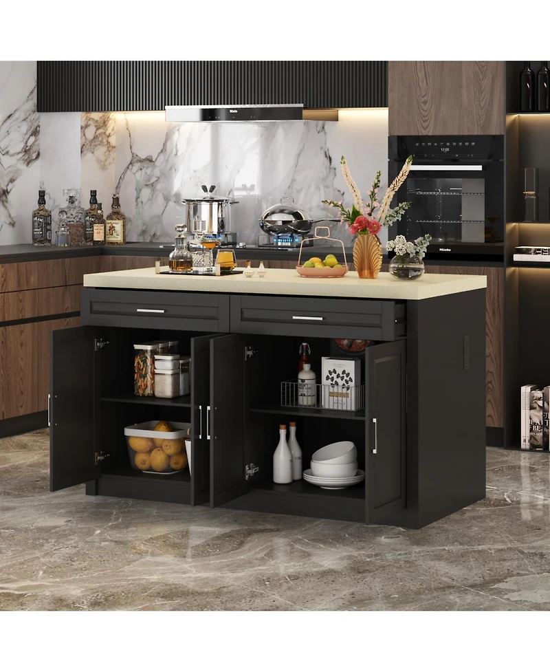 Homsee Kitchen Island with 2 Drawers, 4 Doors, Kitchen Island Storage Table with Sockets, Coffee Station and Microwave Rack for Home, Dining Room, Bla