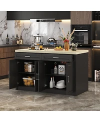 Homsee Kitchen Island with 2 Drawers, 4 Doors, Kitchen Island Storage Table with Sockets, Coffee Station and Microwave Rack for Home, Dining Room, Bla