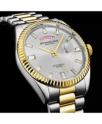 Stuhrling Statesman 4070 Men s Watch – Two-Tone Bracelet, Silver Dial, Day-Date Quartz, 42mm Fluted Bezel