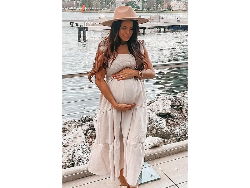 Pinkblush Maternity Beige Bow Strap Tiered Midi Dress