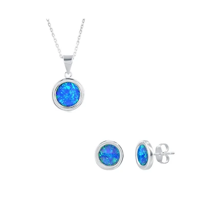 Caribbean Treasures Sterling Silver, Round Blue Opal Necklace & Earrings Set
