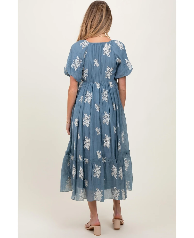 Pinkblush Maternity Blue Floral Print Ruffle Hem Midi Dress
