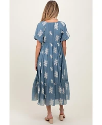 Pinkblush Maternity Blue Floral Print Ruffle Hem Midi Dress
