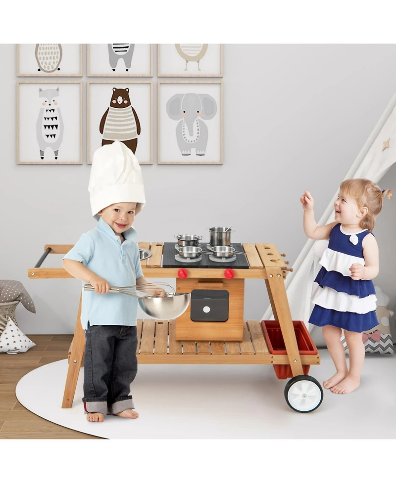 Kid's Play Trolley Outdoor Wooden Kids Play Cart with Sun Umbrella for Toddlers 3+