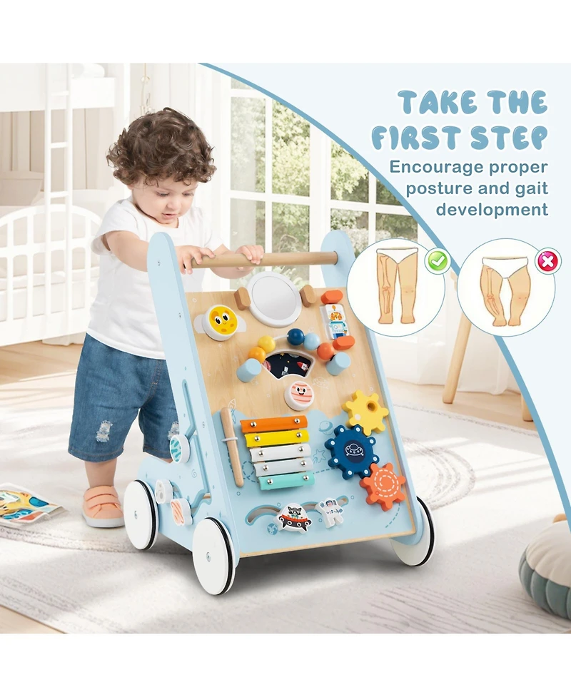 Gymax Wooden Baby Walker Push & Pull Learning Activity Center w/ Wheels Push Toy
