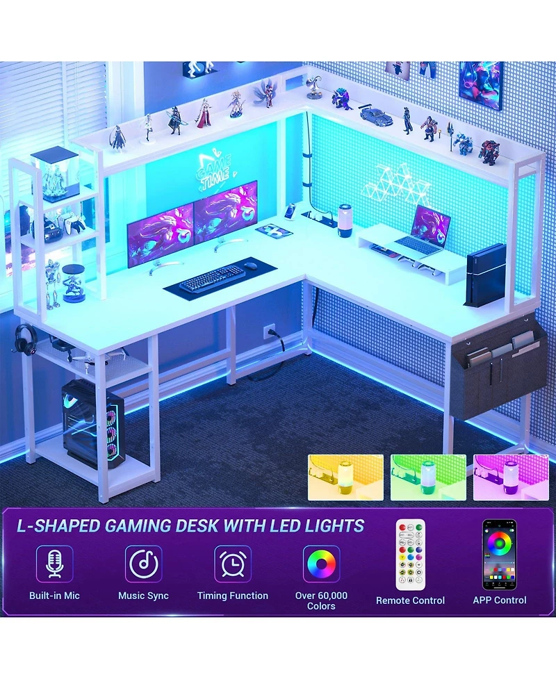 Aheaplus L-Shaped Desk with Hutch & Power Outlet, Corner Computer Led Lights