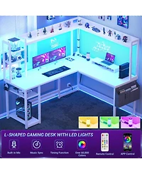 Aheaplus L-Shaped Desk with Hutch & Power Outlet, Corner Computer Led Lights