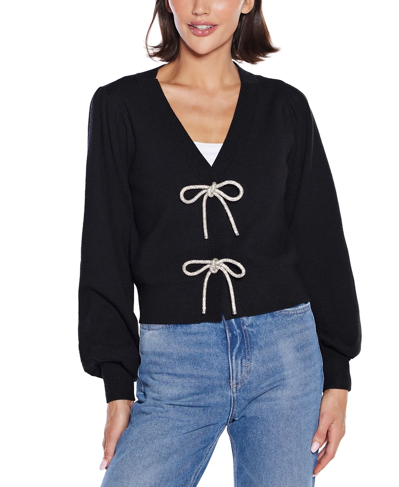 Belldini Women's Rhinestone-Bow Hidden-Snap Cardigan Sweater