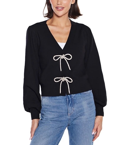 Belldini Women's Rhinestone-Bow Hidden-Snap Cardigan Sweater