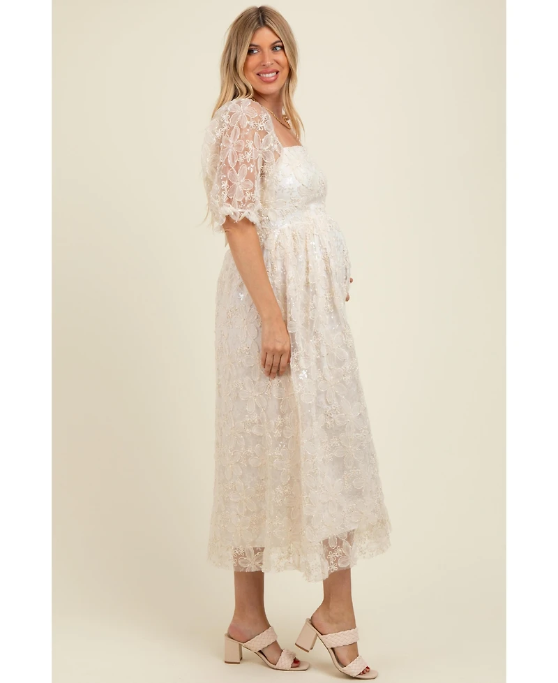 Pinkblush Women's Cream Floral Mesh Overlay Tie Back Maternity Midi Dress
