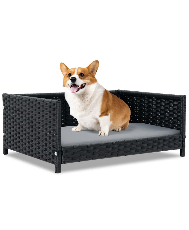 Rattan Dog Bed with Waterproof Soft Cushion for Medium Small Dogs Cats