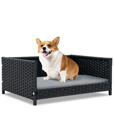 Rattan Dog Bed with Waterproof Soft Cushion for Medium Small Dogs Cats