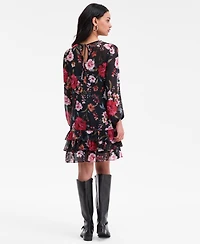 Robbie Bee Petite Floral Long-Sleeve Tiered-Hem Dress