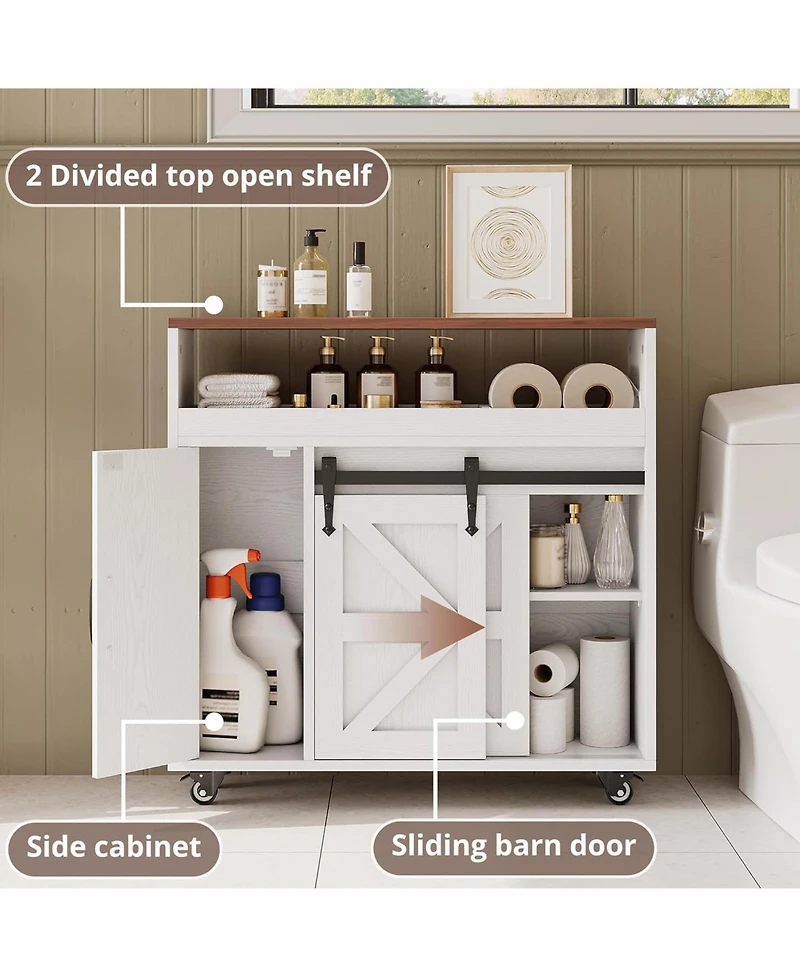 Toilet Paper Cabinet with Rolling Wheels, Paper Holes, White/Walnut