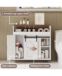 Toilet Paper Cabinet with Rolling Wheels, Paper Holes, White/Walnut