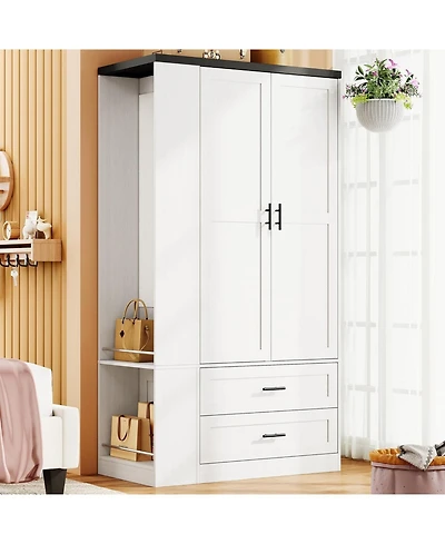 Likimio Wardrobe with Large Mirror, 2 Doors, 2 Drawers, and 2 Shelves, White