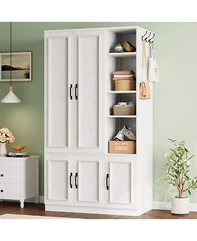 Wooden Wardrobe with 4 Storage Shelves and Hanging Rod, White