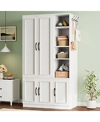 Wooden Wardrobe with 4 Storage Shelves and Hanging Rod, White